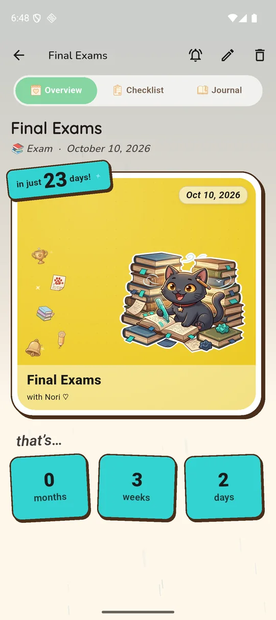 A countdown in detail: final exams in 23 days, split into weeks and days, with checklist and journal tabs.