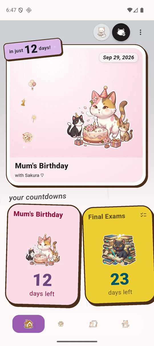 Cat Countdown home screen: a birthday twelve days away, above a card for each countdown.