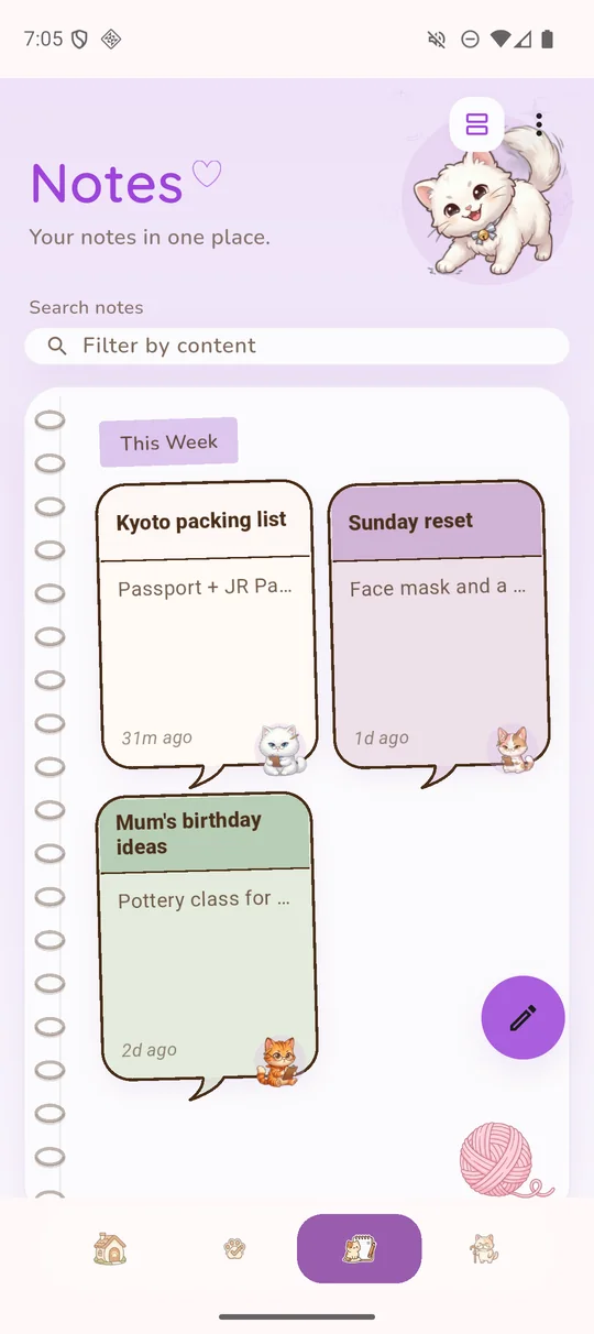 The notes screen, with sticker notes laid out on a notebook page.