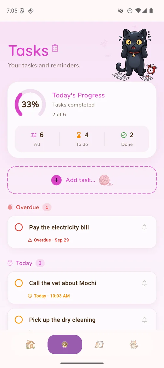 The tasks screen, with today's progress, an overdue bill and today's reminders.
