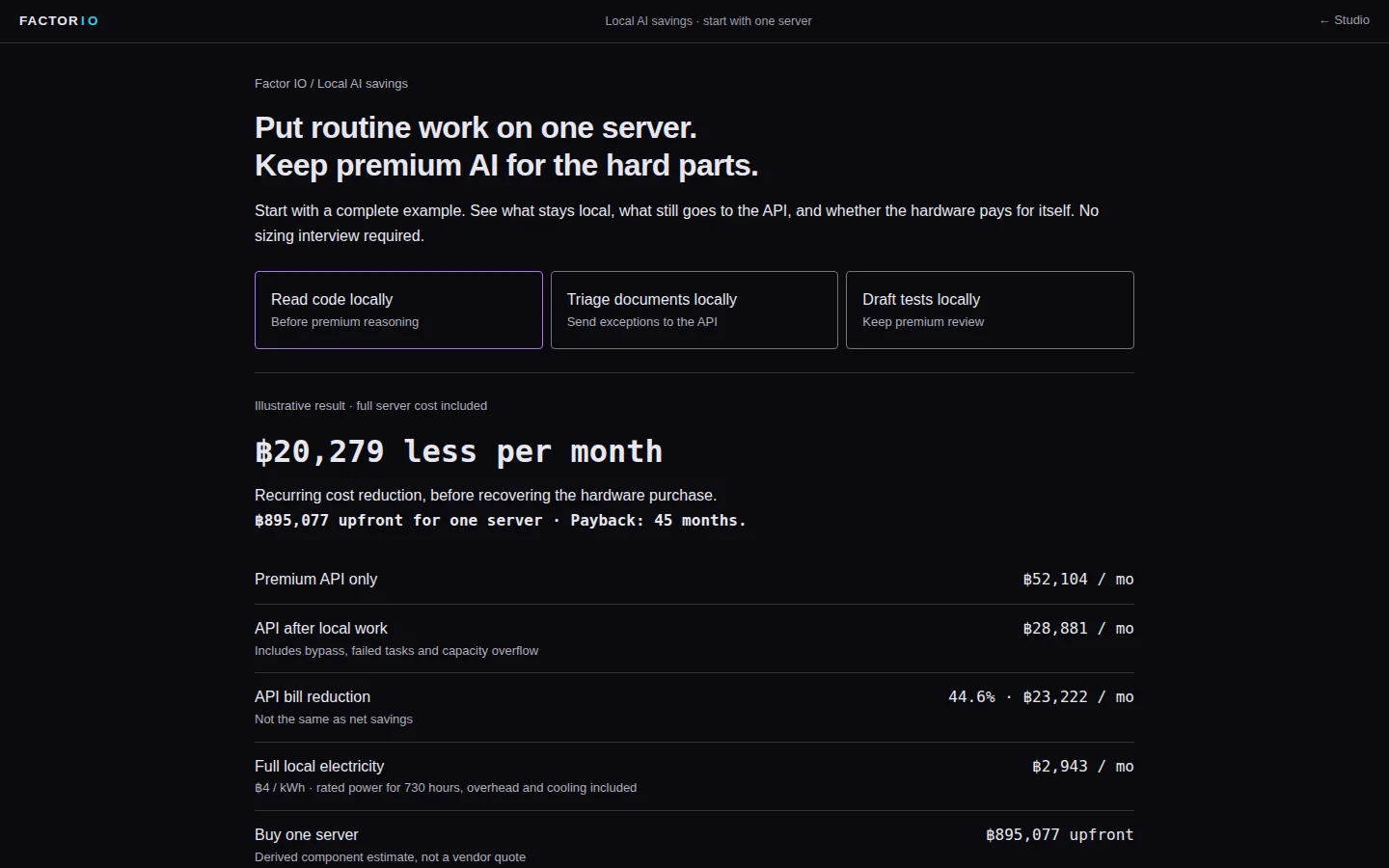The Local AI cost calculator open in a browser.